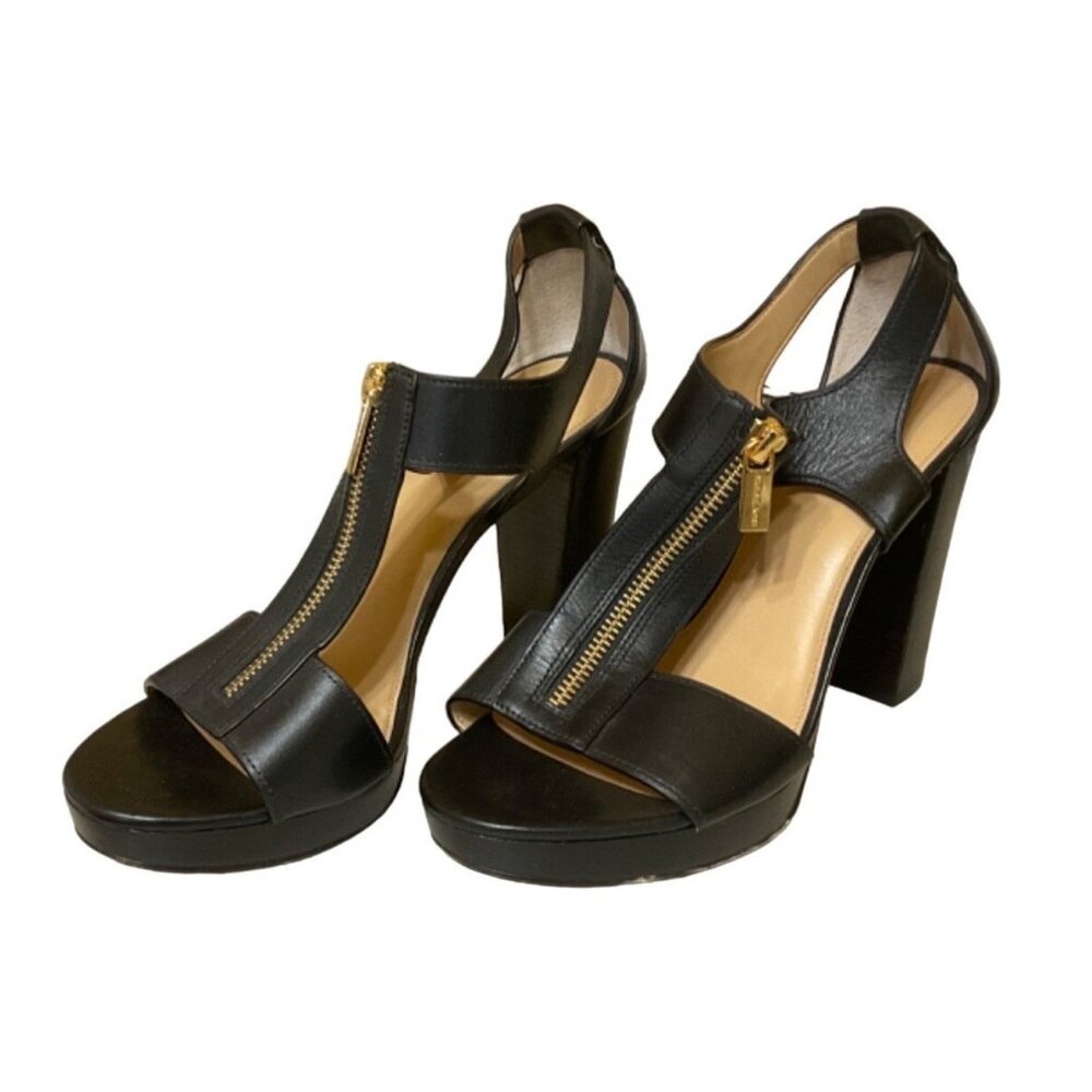 Michael Kors Berkley T Strap Platform 9M Women Block Heel Sandal Leather Black Z